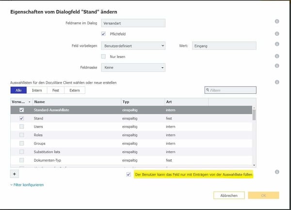 DocuWare_Konfigurationsmaske_Auswahllisten DocuWare Client wählen oder neue erstellen