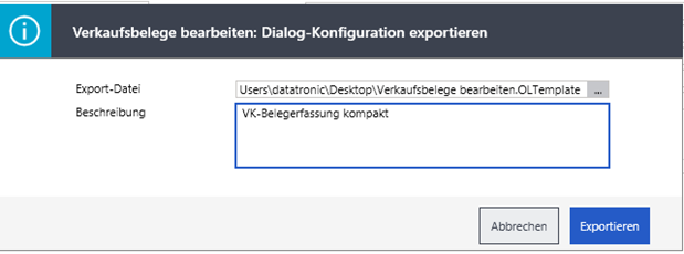 Sage 100 Dialog „Dialog-Konfiguration exportieren“ mit Export-Datei und Beschreibung