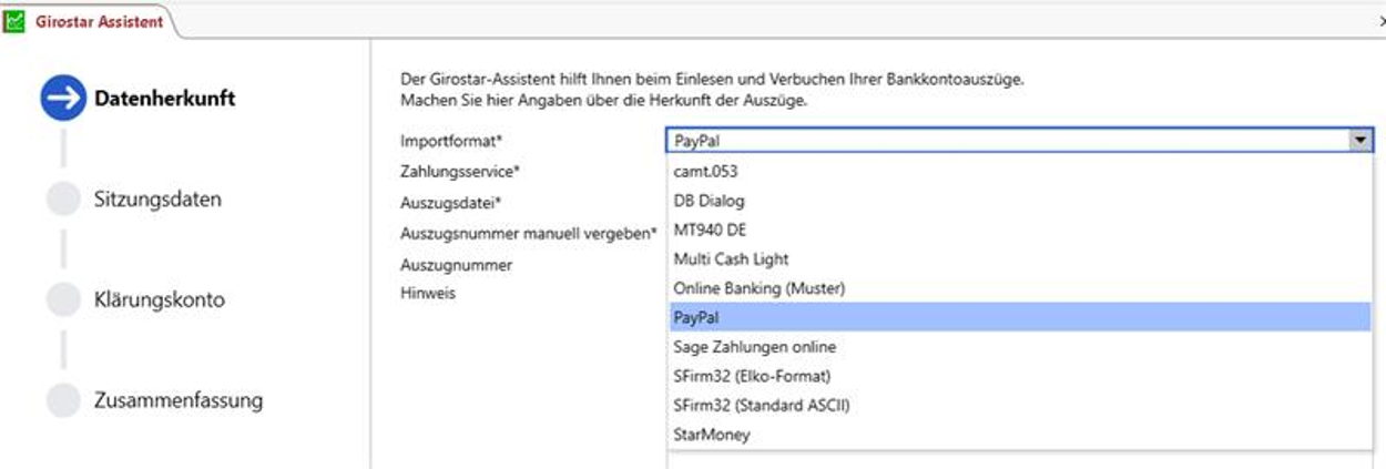 Girostar-Assistent in Sage 100: Auswahl des Importformats für Kontoauszüge, u. a. camt.053 und MT940