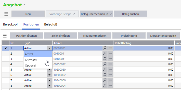 Optionale und alternative Positionen in Angeboten