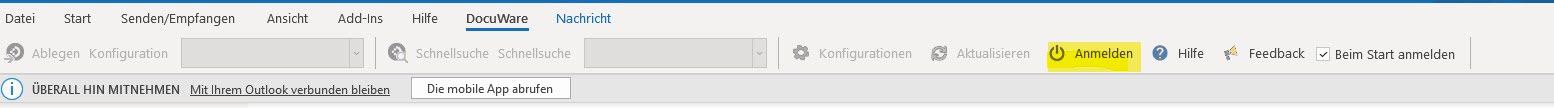 Outlookmenü_Menüband DocuWare_DocuWare verbinden